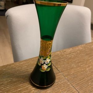 Stunning Venetian Bohemian Style Emerald Color Vase 6 7/8” H  2” Opening